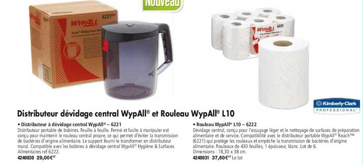 distributeur dévidage central wypall et rouleau wypall l10 kimberly-clark