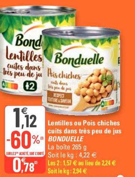 lentilles ou pois chiches cuits dans très peu de jus bonduelle