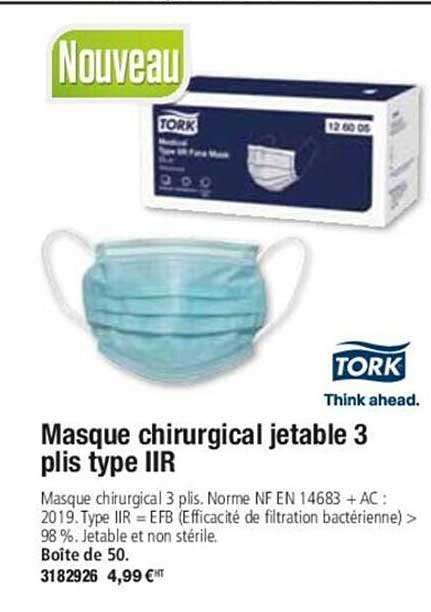 masque chirurgical jetable 3 plis type iir tork