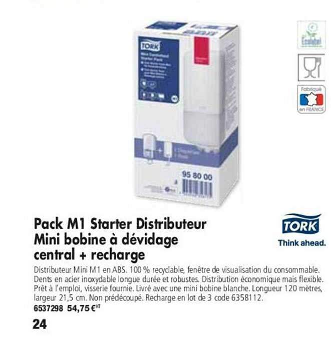 pack m1 starter distributeur mini bobine à dévidage central + recharge tork