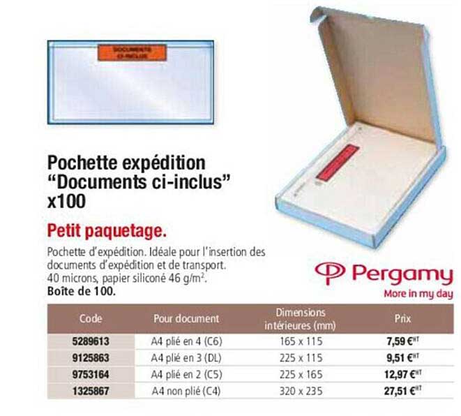 pergamy pochette d'expédition "documents ci-inclus" x100