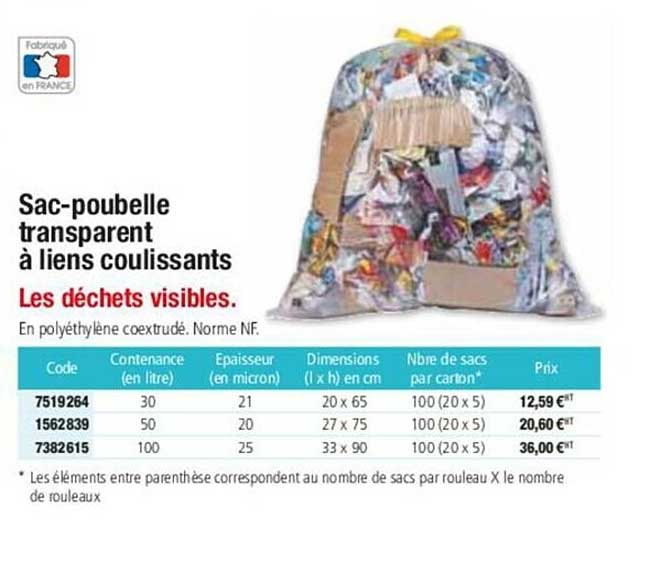 sac-poubelle transparent à liens coulissants