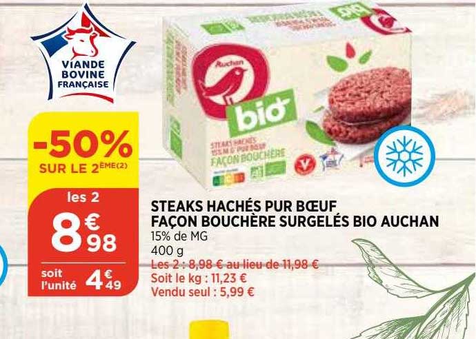 steaks hachés pur bœuf façon bouchère surgelés bio auchan