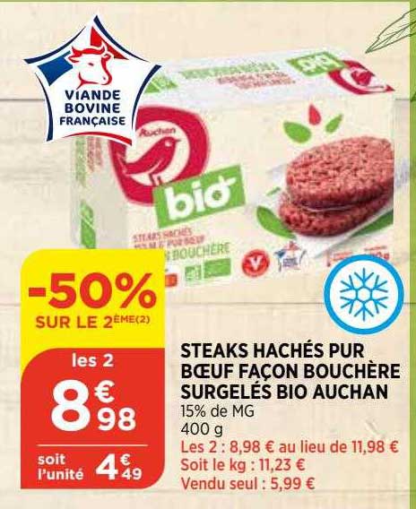 steaks hachés pur bœuf façon bouchère surgelés bio auchan