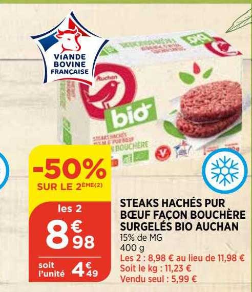 steaks hachés pur bœuf façon bouchère surgelés bio auchan