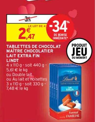 tablettes de chocolat maître chocolatier lait extra fin lindt