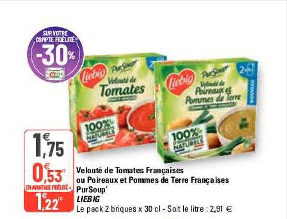 velouté de tomates françaises ou poireaux et pommes de terre françaises purSoup' liebig