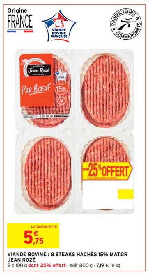 viande bovine : 8 steaks hachés 15% mat.gr jean rozé