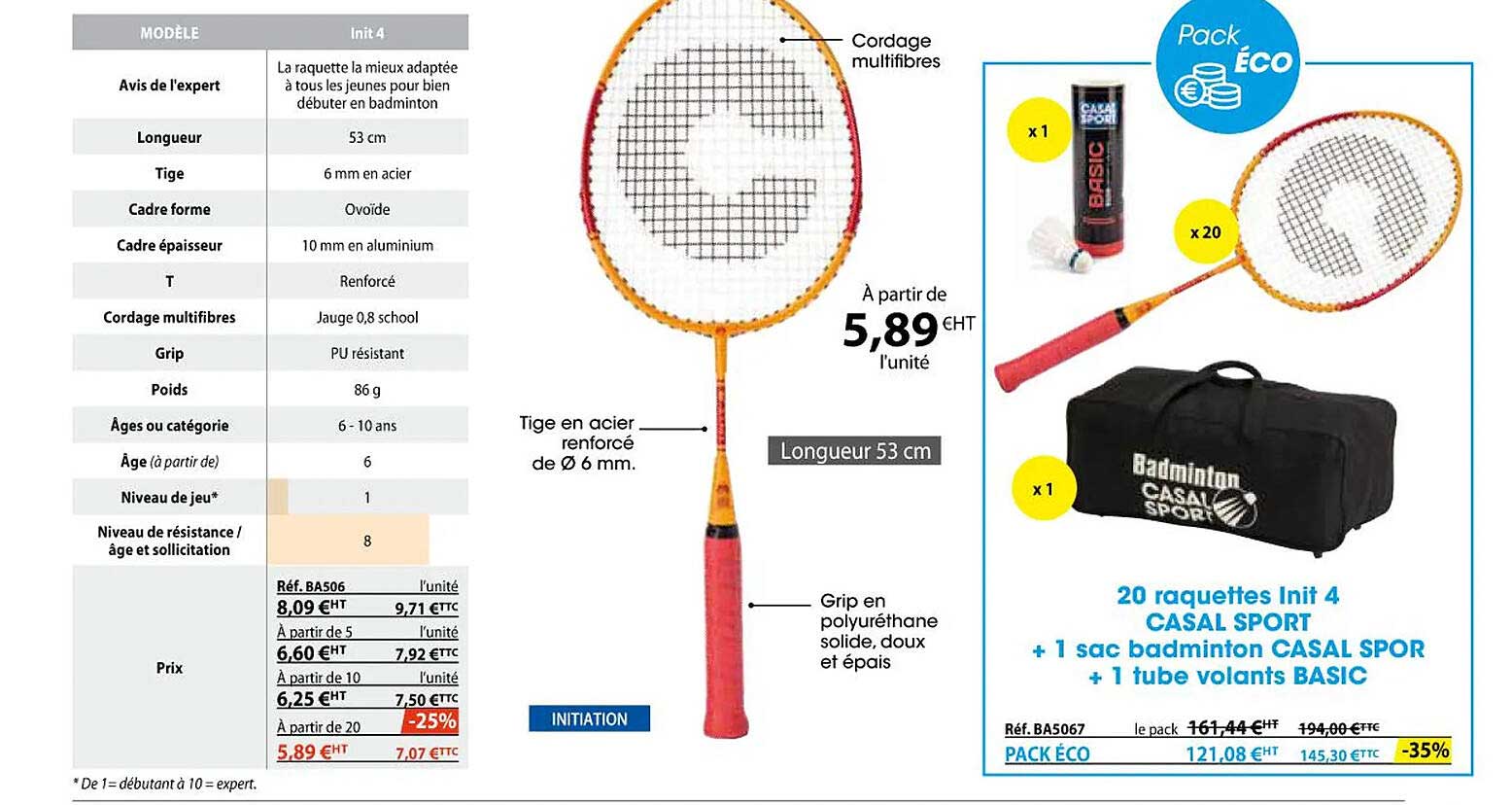 20 raquettes init 4 casal sport + 1 sac badminton casal sport + 1 tube volants basic