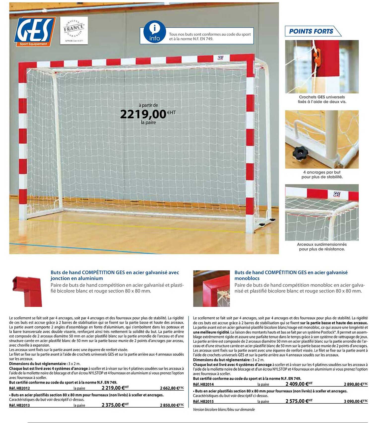 buts de hand compétition ges en acier galvanisé avec jonction en aluminium, buts de hand compétition ges en acier galvanisé monoblocs