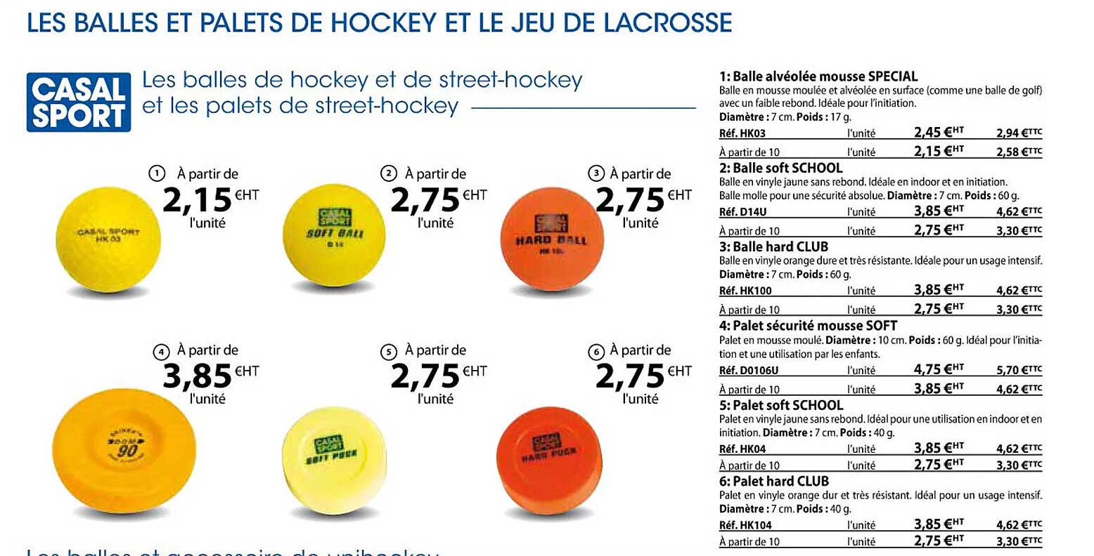 les balles de hockey et de street-hockey et les palets de street-hockey