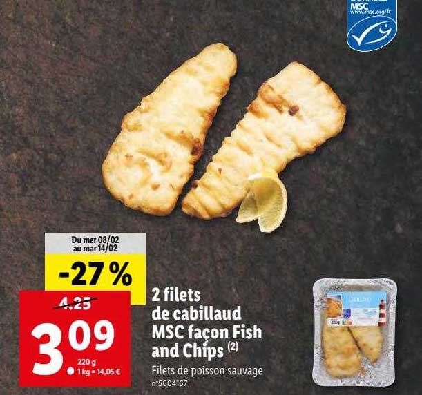 2 filets de cabillaud msc façon fish and chips