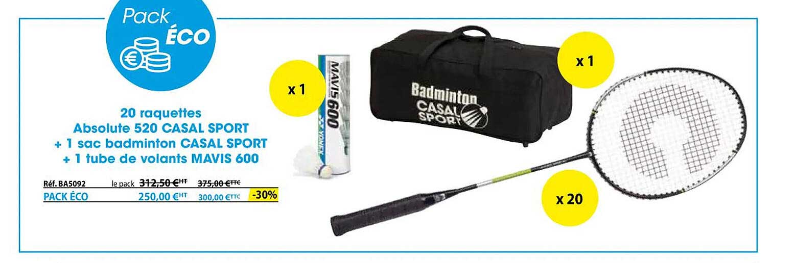 20 raquettes absolute 520 casal sport + 1 sac badminton casal sport + 1 tube de volants mavis 600