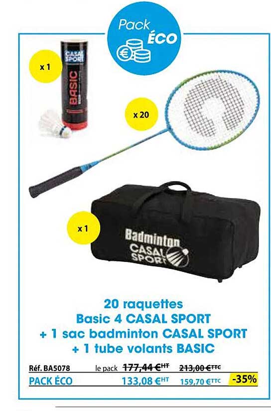 20 raquettes basic 4 casal sport + 1 sac badminton casal sport + 1 tube volants basic