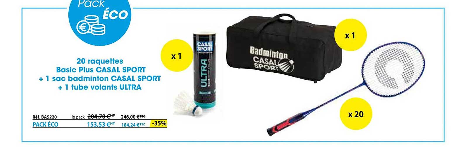 20 raquettes basic plus casal sport + 1 sac badminton casal sport + 1 tube volants ultra