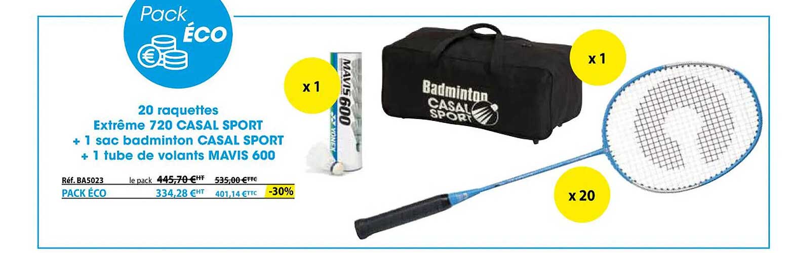 20 raquettes extrême 720 casal sport + 1 sac badminton casal sport + 1 tube de volants mavis 600
