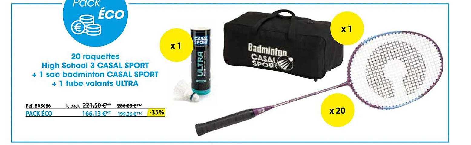 20 Raquettes High School 3 Casal Sport + 1 Sac Badminton Casal Sport + 1 Tube Volants Ultra