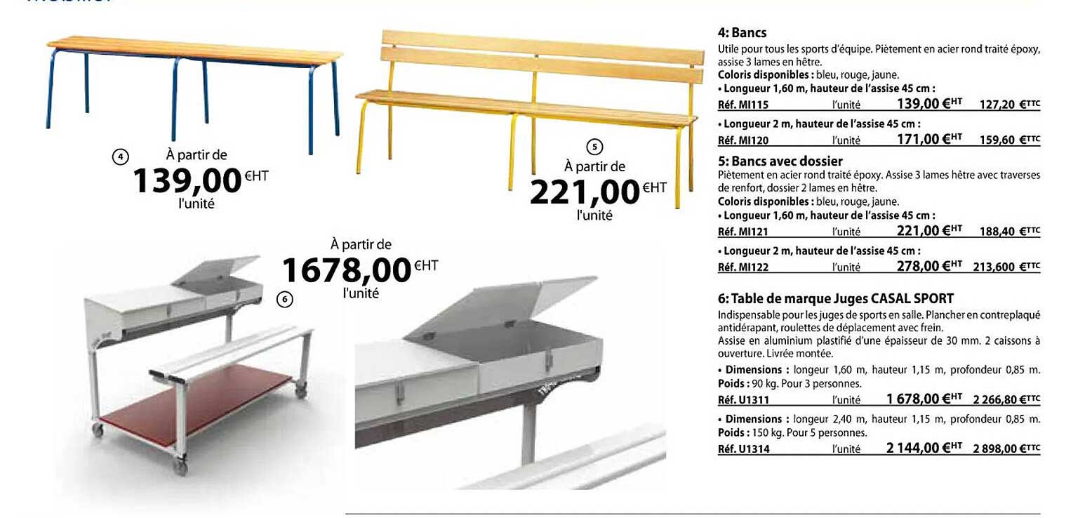 bancs, bancs avec dossier, table de marque juges casal sport