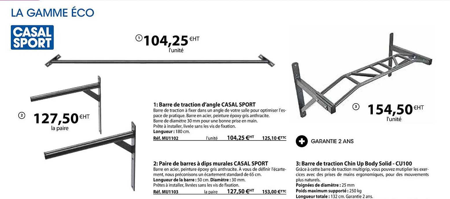barre de traction d'angle casal sport, paire de barres à dips murales casal sport, barre de traction chin up body solid - cu100