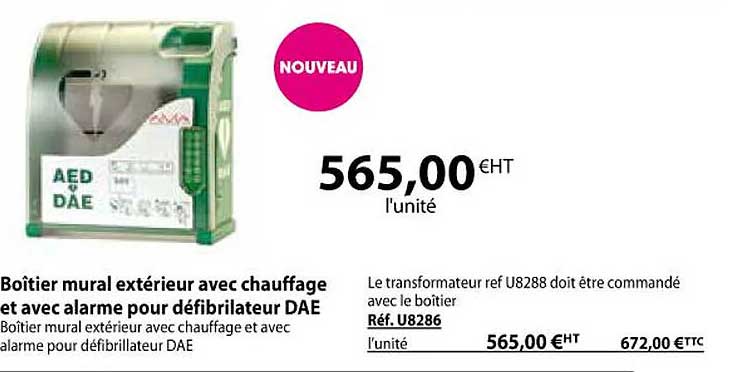 boîtier mural extérieur avec chauffage et avec alarme pour défibrillateur dae