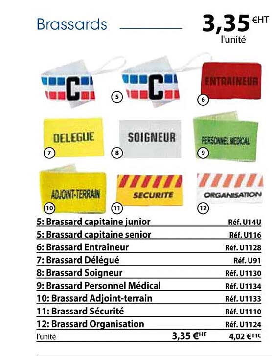 brassard capitaine junior, brassard capitaine senior, brassard entraîneur, brassard délégué, brassard soigneur, brassard personnel médical, brassard adjoint-terrain, brassard sécurité