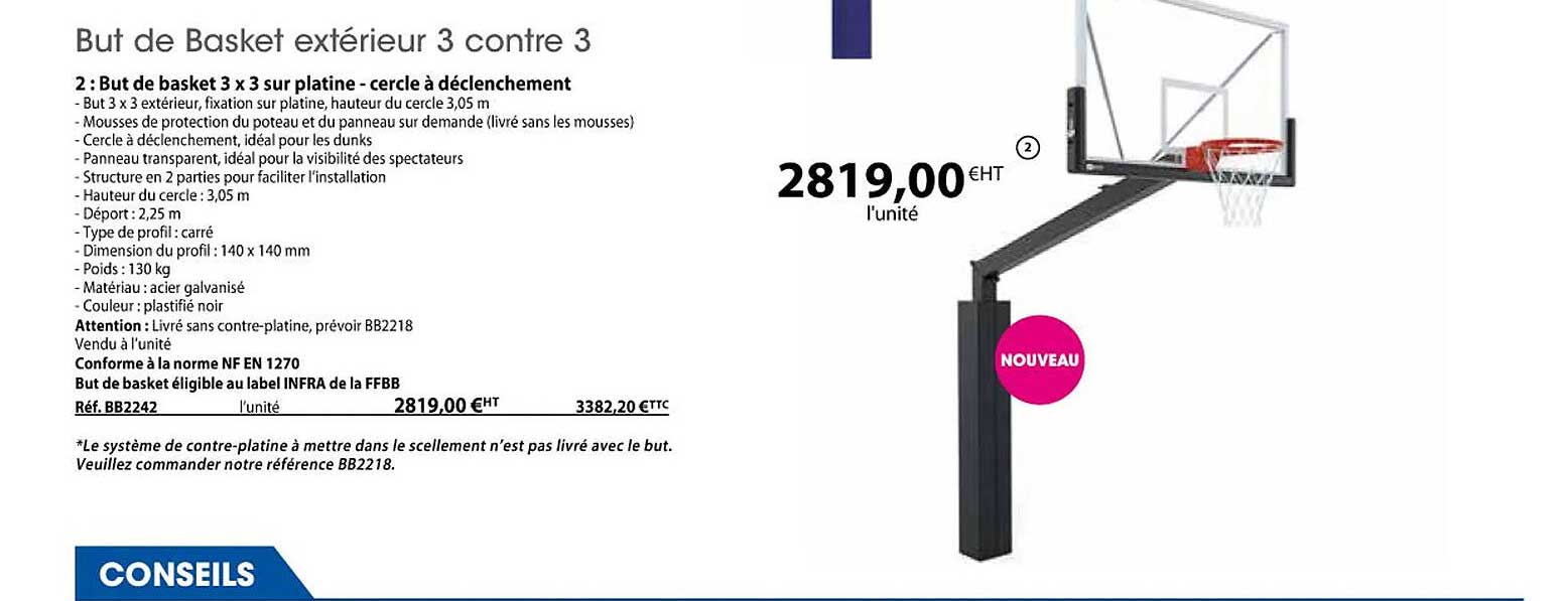 but de basket 3 x 3 sur platine - cercle à déclenchement
