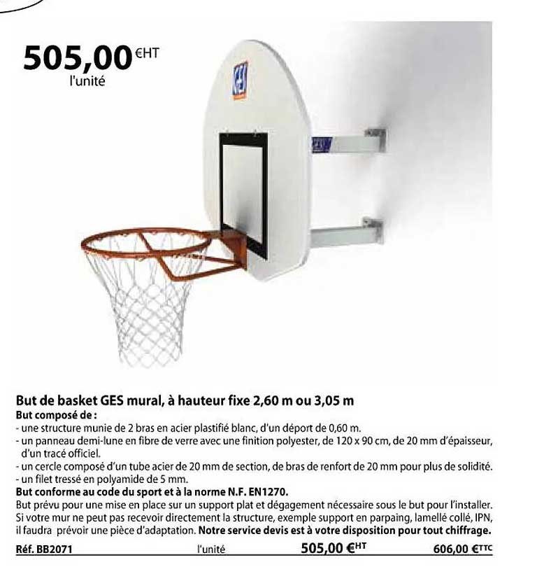 but de basket ges mural, à hauteur fixe 2,60 m ou 3,05 m
