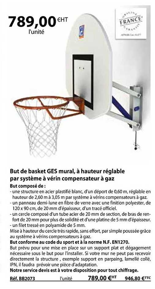 but de basket ges mural, à hauteur réglable par système à vérin compensateur à gaz