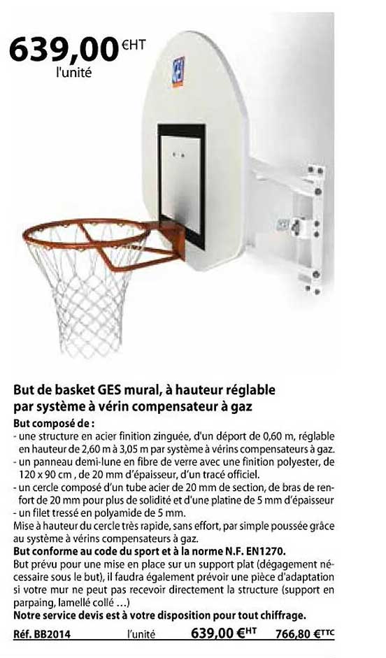 but de basket ges mural, à hauteur réglable par système à vérin compensateur à gaz
