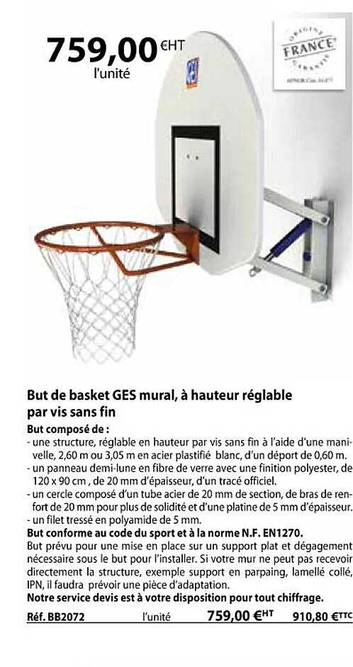 but de basket ges mural, à hauteur réglable par vis sans fin