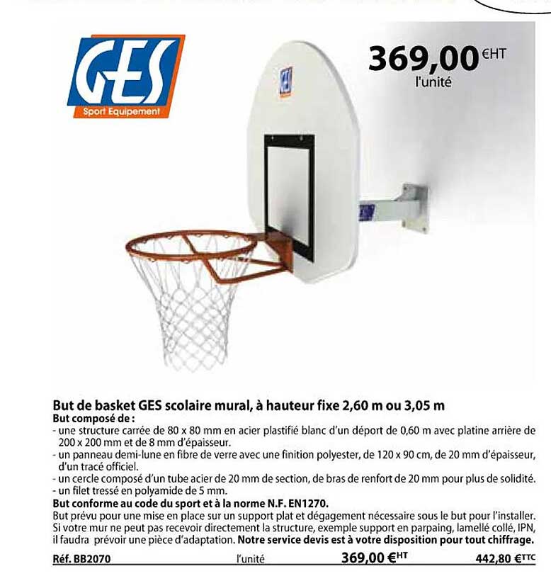 but de basket ges scolaire mural, à hauteur fixe 2,60 m ou 3,05 m