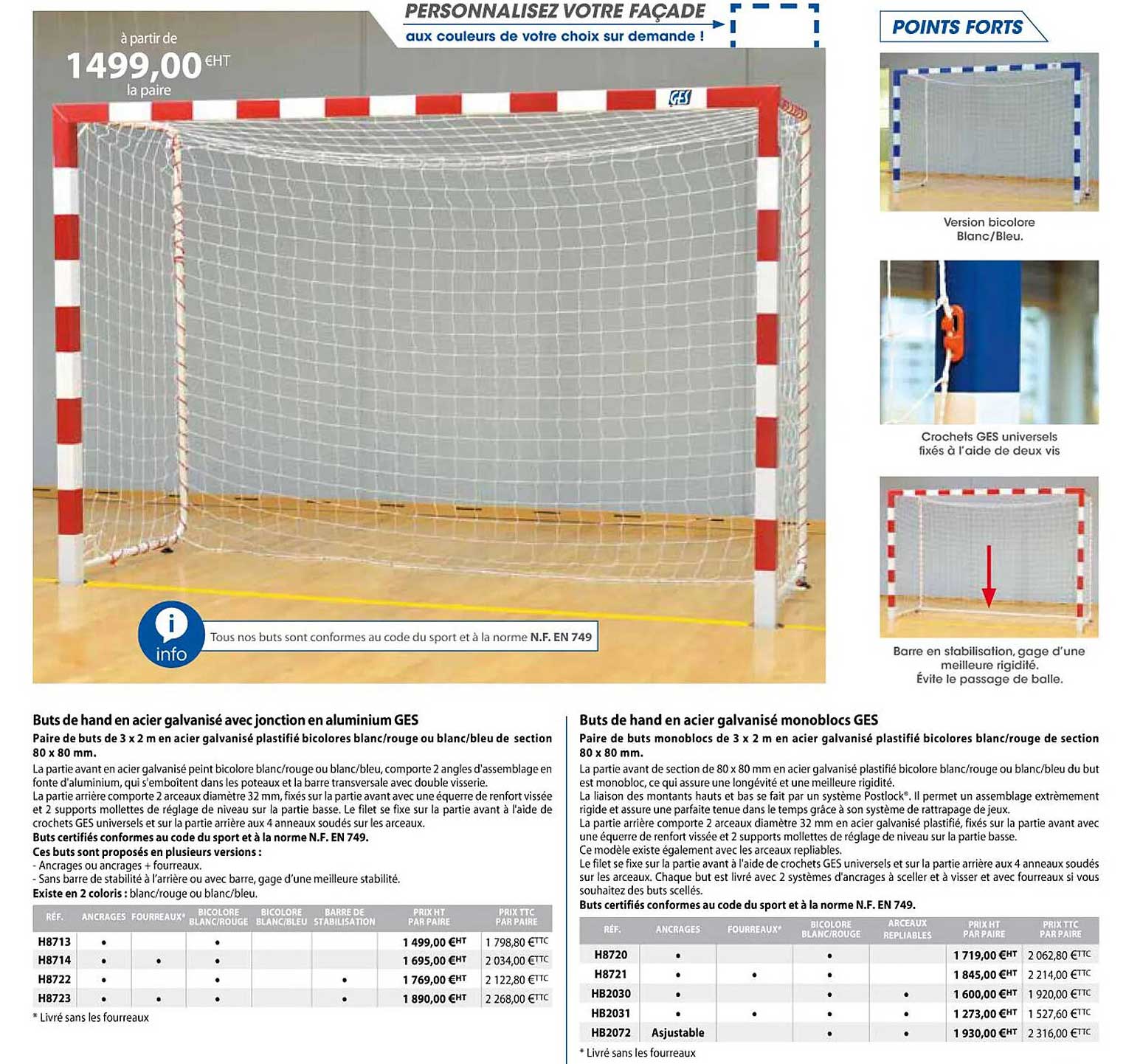 buts de hand en acier galvanisé avec jonction en aluminium ges, buts de hand en acier galvanisé monoblocs ges