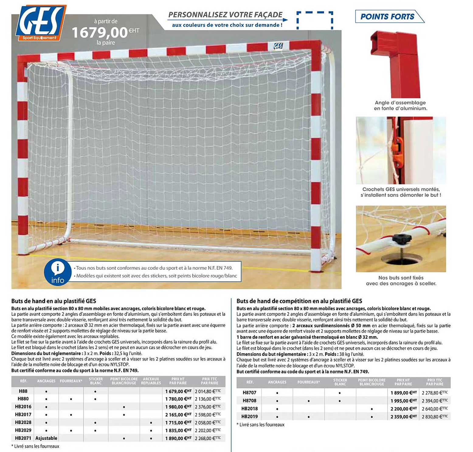 buts de hand en alu plastifié ges, buts de hand de compétition en alu plastifié ges