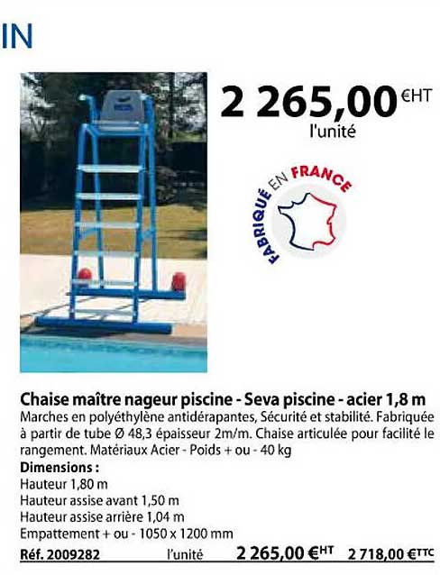 chaise maître nageur piscine - seva piscine - acier 1,8 m
