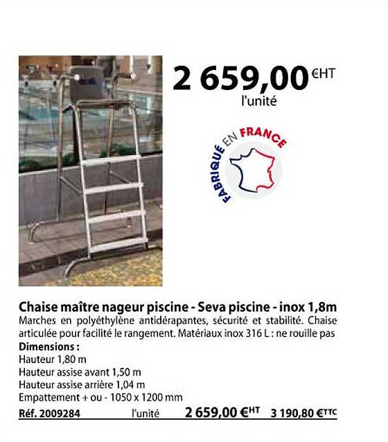 chaise maître nageur piscine - seva piscine - inox 1,8 m