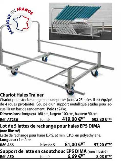chariot haies trainer, lot de 5 lattes de rechange pour haies eps dima, support de latte en caoutchouc eps dima