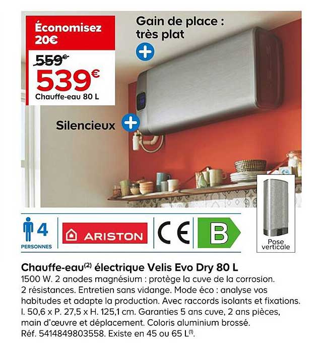 chauffe-eau électrique velis evo dry 80 l ariston