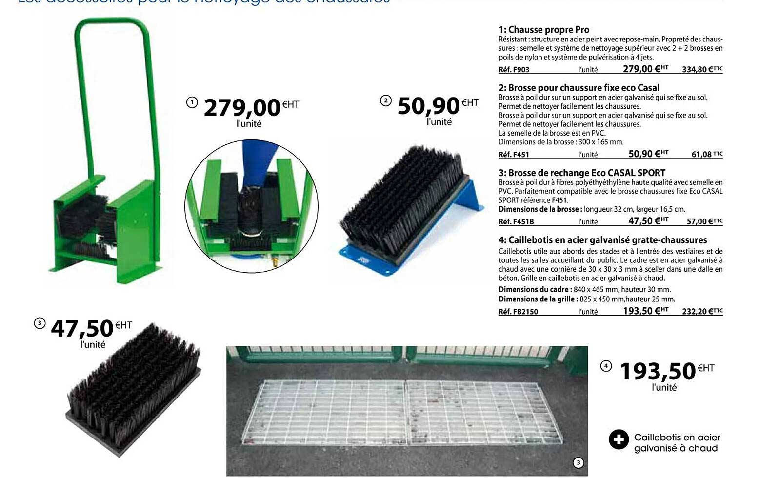chausse propre pro, brosse pour chaussure fixe eco casal, brosse de rechange eco casal sport, caillebotis en acier galvanisé gratte-chaussures