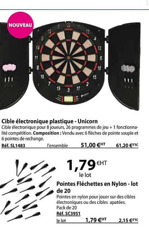 cible électronique plastique - unicorn, pointes fléchettes en nylon - lot de 20