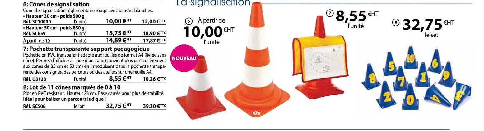 cônes de signalisation, pochette transparente support pédagogique, lot de 11 cônes marquées de 0 à 10