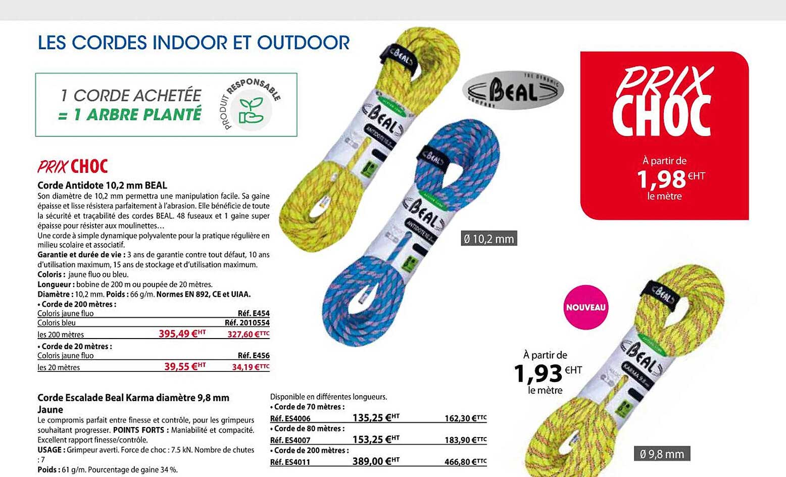 corde antidote 10,2 mm beal, corde escalade beal karma diamètre 9,8 mm jaune