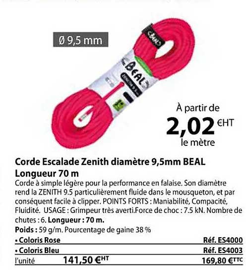 corde escalade zenith diamètre 9,5 mm beal longueur 70 m