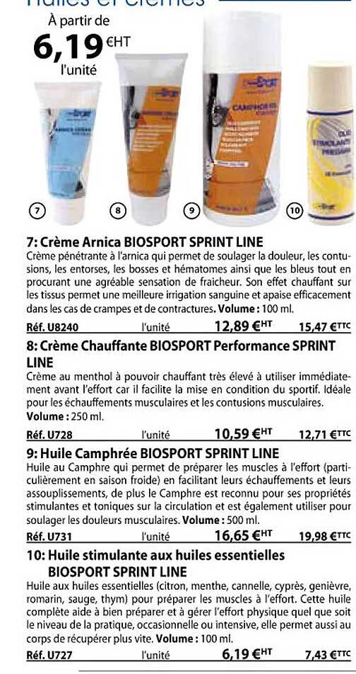 crème arnica biosport sprint line, crème chauffante biosport performance sprint line, huile camphrée biosport sprint line, huile stimulante aux huiles essentielles biosport sprint line