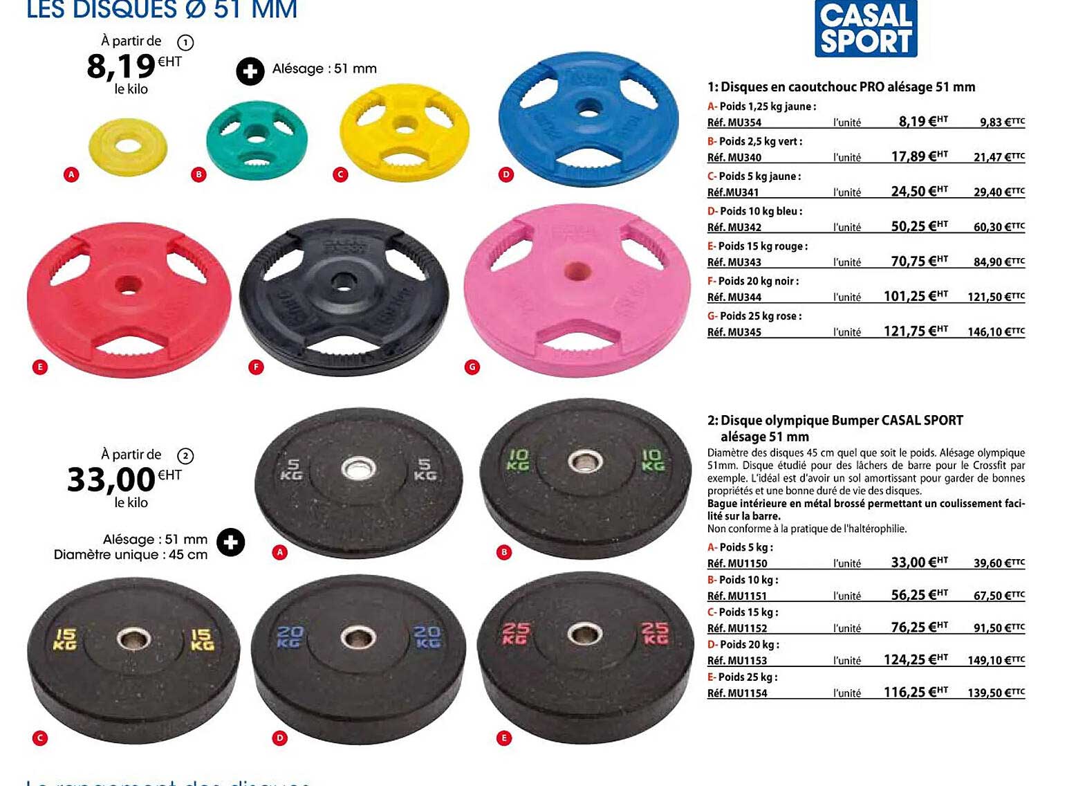 disques en caoutchouc pro alésage 51 mm, disque olympique bumper casal sport alésage 51 mm
