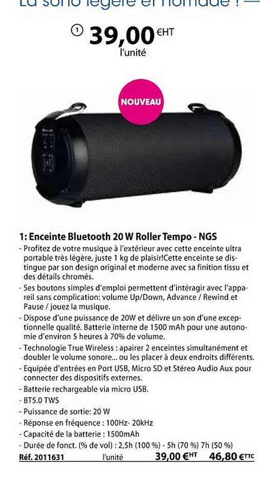 enceinte bluetooth 20w roller tempo - ngs