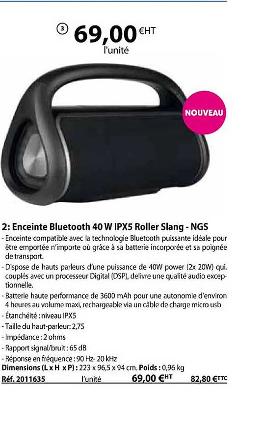 enceinte bluetooth 40w ipx5 roller slang - ngs
