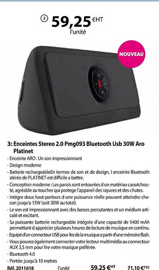 enceintes stereo 2.0 pmg093 bluetooth usb 30w aro platinet