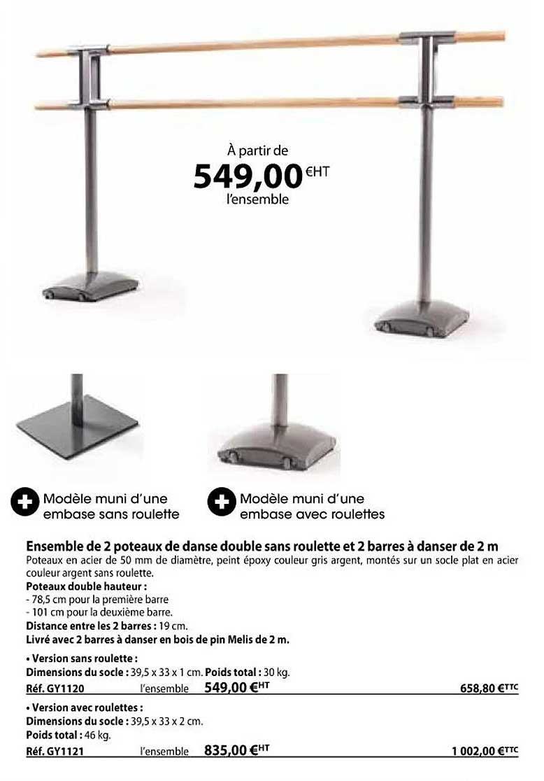 ensemble de 2 poteaux de danse double sans roulette et 2 barres à danser de 2 m