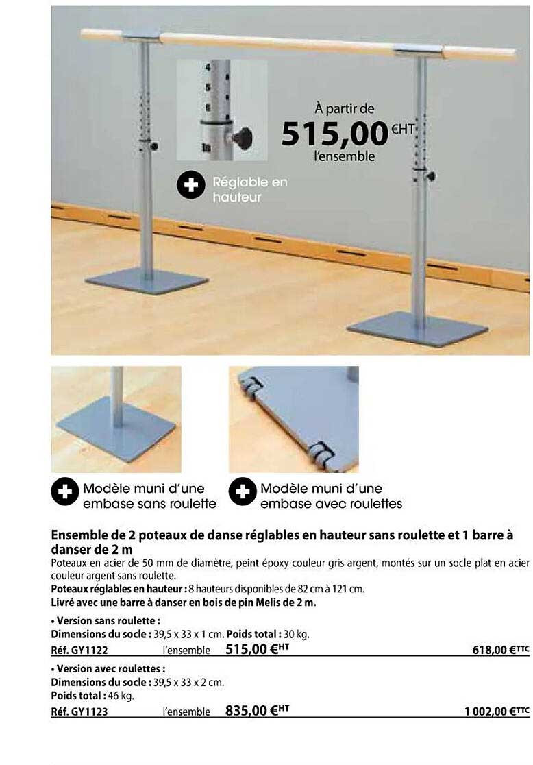 ensemble de 2 poteaux de danse réglables en hauteur sans roulette et 1 barre à danser de 2 m
