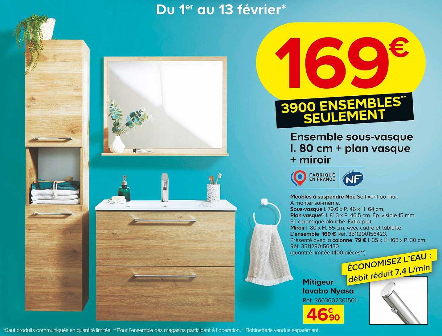 ensemble sous-vasque l. 80 cm + plan vasque + miroir, mitigeur lavabo nyasa
